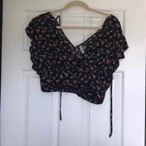 NWOT black crop top with flowers!